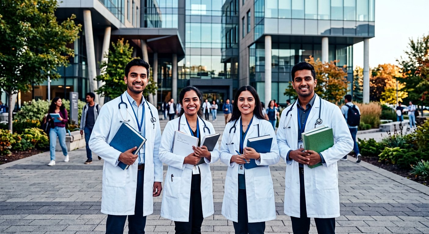 Indian medical students in white coats at an international university abroad